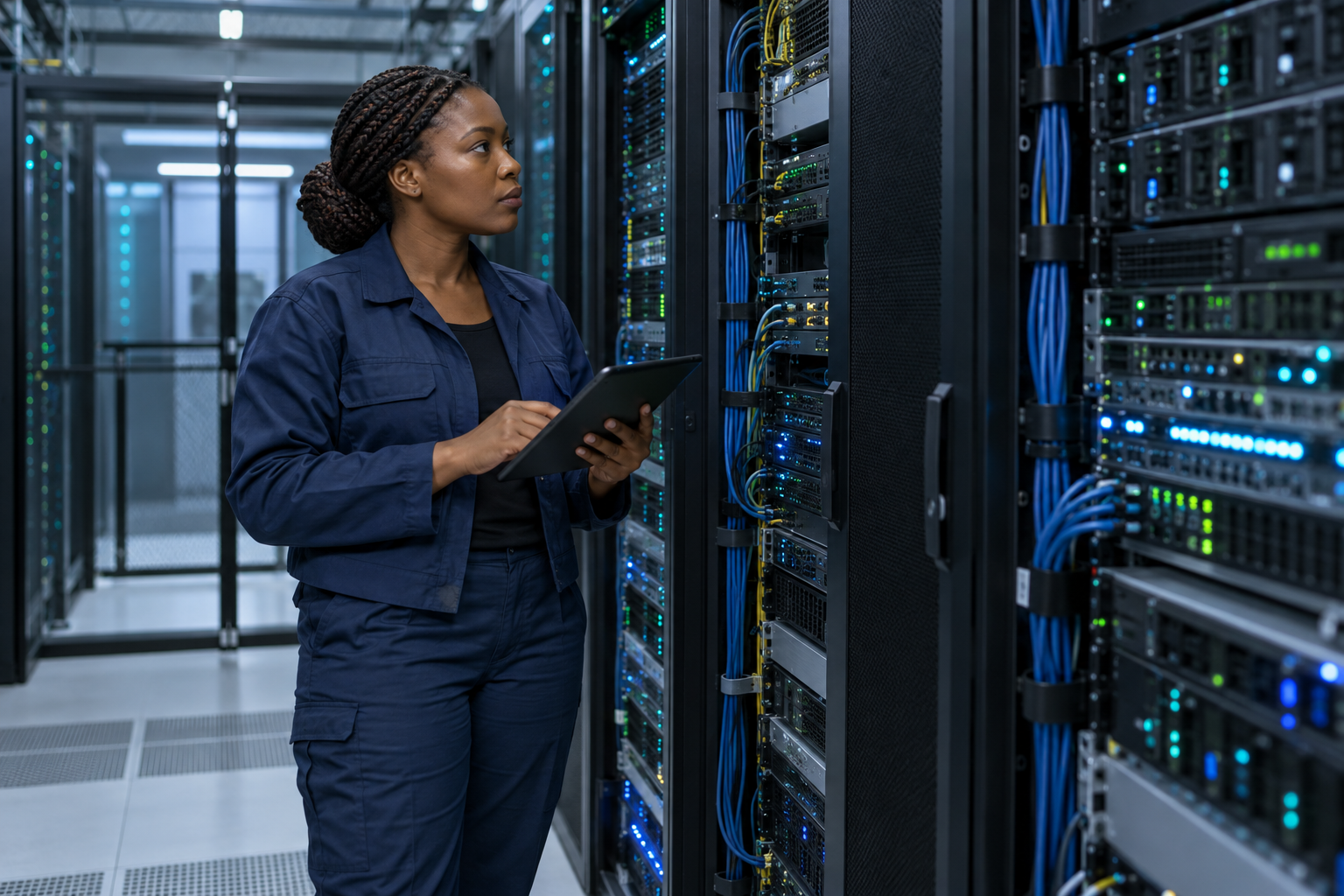 Illustration d’une ingénieure inspectant des serveurs informatiques