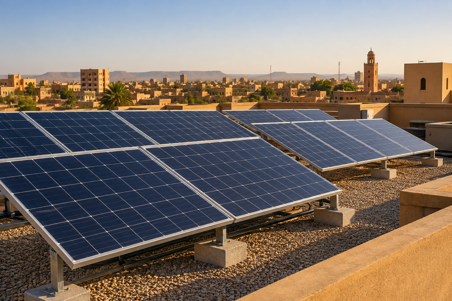 Illustration de panneaux solaires sur un toit dans un environnement sahélien
